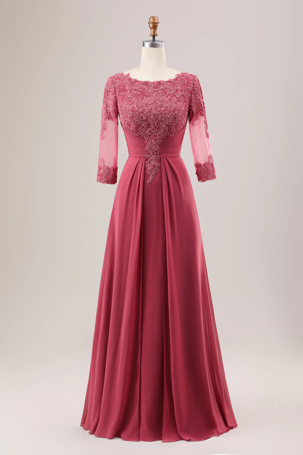 Robe de mère de la mariée en mousseline à col rond et coupe trapèze avec appliques
